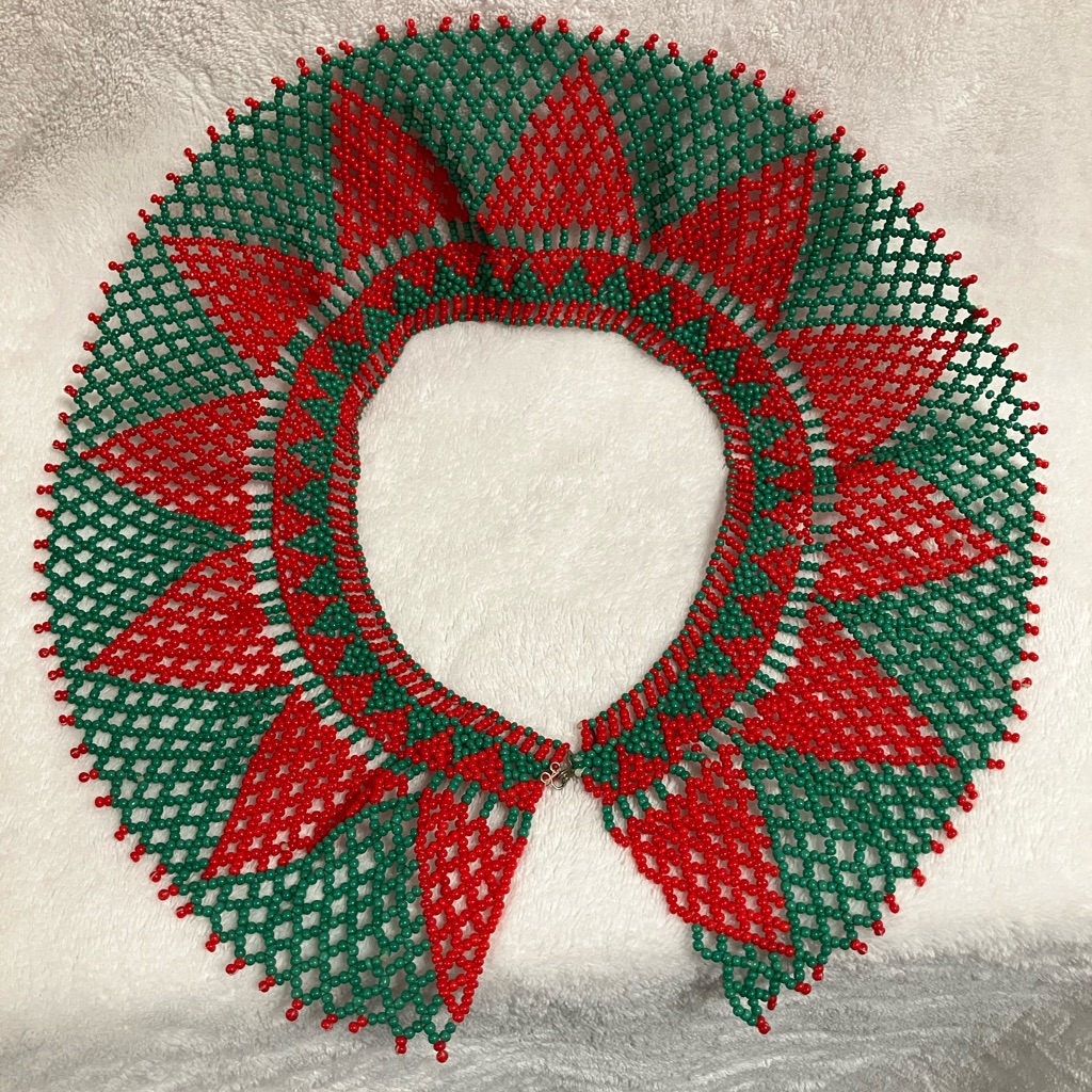 Vintage Handmade Red And Green Beaded Collar Necklace. Ukrainian?